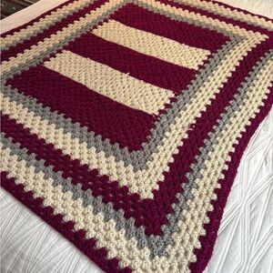 Elegant Burgundy, Grey and Cream Crochet Throw Blanket